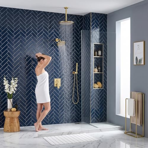 Juego de Ducha Rain Shower System, Set de Grifería en Oro Cepillado con Ducha de Mano 2 en 1, Cabezal de Ducha Doble de Lluvia, Montaje en Techo con Cabezal de Ducha de 10" y 6" de Pared, Diverter de Botón Pulsador miniatura 2