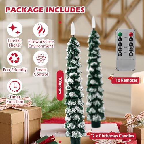 Image of Flameless Christmas Tree Candles with Remote - 2 Pack LED Snowy Tree Battery Operated Candles, Realistic Flickering Flame, Safe Holiday Home Decor for Christmas Decorations & Gifts