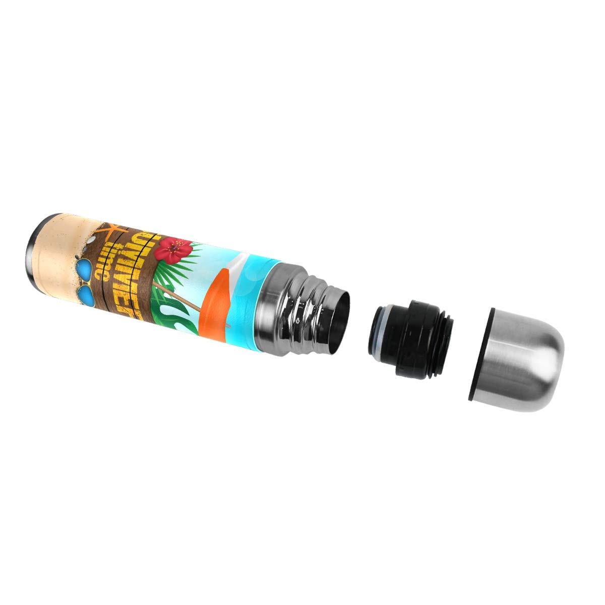 Thermosflasche, Vakuum-isoliert, Edelstahl, doppelwandig, auslaufsicher, Sommer-Motiv, personalisierbar, bedruckt, echtes Leder, 500 ml