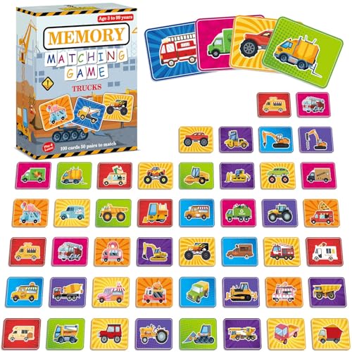 gisgfim 100 PCS Memory Matching Game Trucks Concentration Memory Card Games for Kids Preschool Educational Ages 3-8 A Fun & Fast Vehicle Theme Matching Games