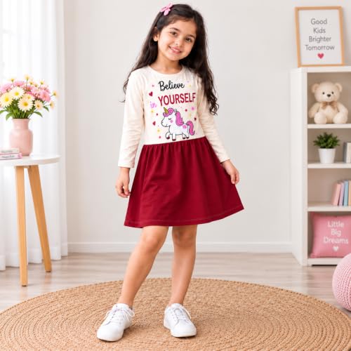 Image of Kuchipoo Girls Cotton Printed Dresses Pack of 3 | Full Sleeve Round Neck Casual Frocks | Soft & Comfortable Everyday Wear for Kids