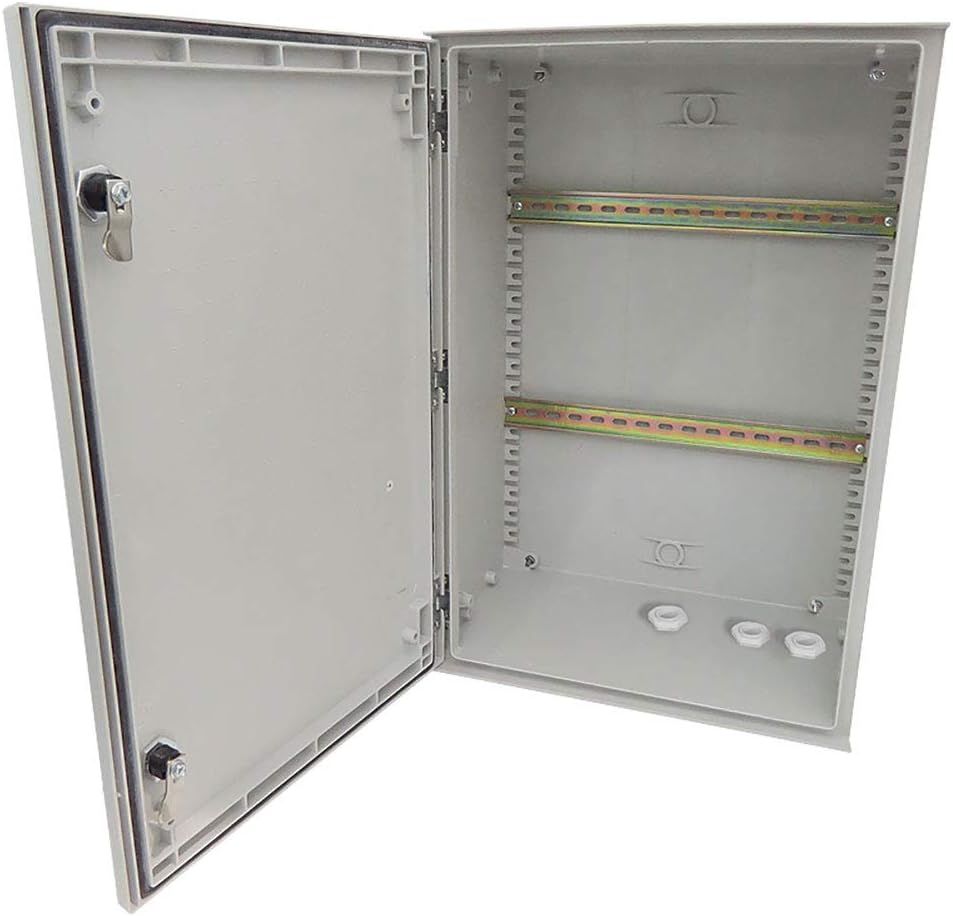 24x16x9 Industrial DIN Rail FRP Fiberglass NEMA 3X Box Weatherproof Enclosure with Hinged Lid & Quarter-Turn Latches