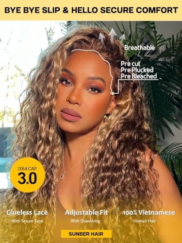 Image of Sunber 13x4 Bye Bye Slip Lace Frontal Human Hair Wig with Honey Blonde 18 inch | Highlights Water Wave Glueless Drawstring Wig Pre Everthing Pre Cut HD Lace Front Wigs Pre Plucked Knots 150% Density