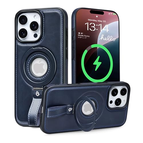 Étui iPhone 15 Pro Max cuir bleu Butaiga pour visionnage mains libres