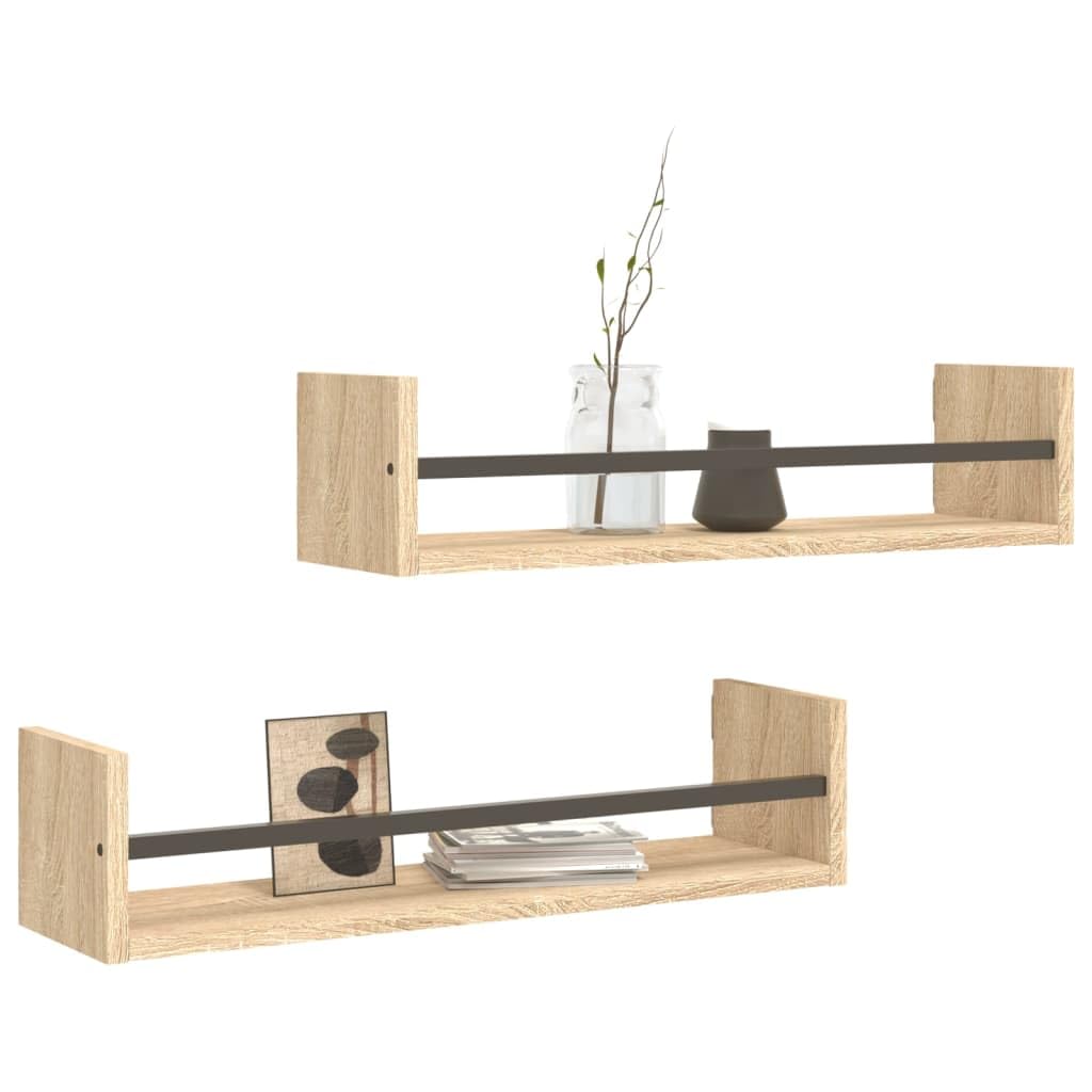YUANCHUTOP 2 Set Floating Shelves for Wall, Bathroom Shelves with Bar, Wall Mounted Storage Shelves for Kitchen, Bathroom, Rustic Display Shelf Decor 60cm W - Oak