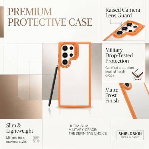 Image of amazon basics Frosted Matte Case for Samsung Galaxy S25 Ultra 5G | Built-in Flip-Out Camera Lens Stand | Translucent Back with Contrast Orange Bumper | Shockproof Protective Cover