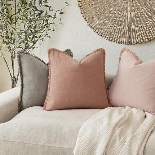 Image of Foindtower Set of 2 Decorative Linen Fringe Throw Pillow Covers Cozy Boho Farmhouse Cushion Cover with Tassels Soft Accent Pillowcase for Couch Sofa Bed Living Room Home Decor,18x18 Inch,Coral Pink