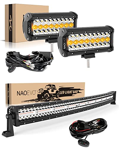 Naoevo 42 Inch 6 Modes Led Curved Strobe Light And Naoevo 7Inch Led Bar Lights 3 Modes With Drl/Flashing Light Modes Led Light Bar Kit For Jeep Pickup Truck Boat Tractor Golf Cart #TOP24