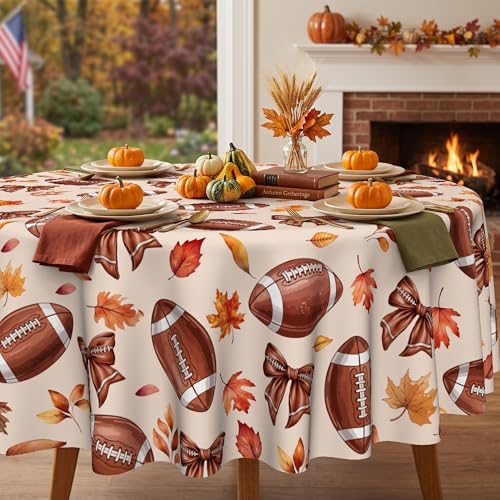 Woaoce Fall Football Tablecloth 60 Inch Round, Autumn Sports Decor Washable Polyester Table Cloth with Football & Bows, Seasonal Thanksgiving Table Cover for Home Dinner Picnic Party