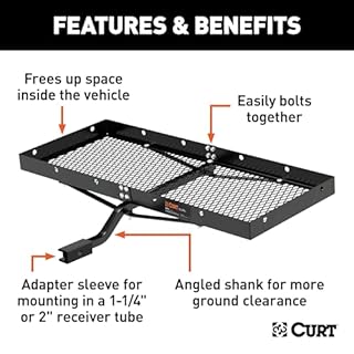 CURT 18110 48 x 20-Inch Tray Hitch Cargo Carrier, 300 lbs Capacity, 1-1/4, 2-In Adapter Shank, CARBIDE BLACK POWDER COAT