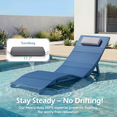 Image of Stoog Folding Pool Lounge Chairs Set of 2, Heavy Duty HIPS Anti-Floating Outdoor Chaise with Headrest for Hotel, Beach, Sun Deck, Blue