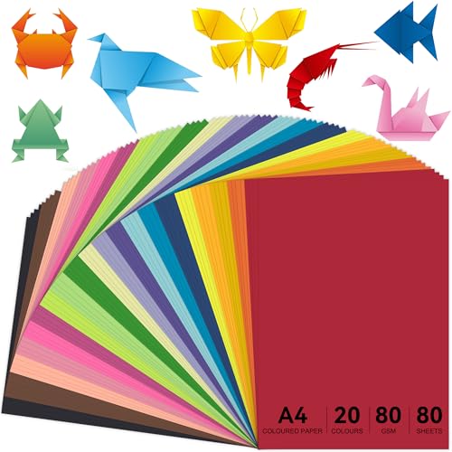 Liyerfer Coloured Paper A4 80gsm Origami Paper Double Sided 20 Colours for Crafting Decorating Sketching Cutting Origami DIY Arts & Handmade Projects 80 Sheets