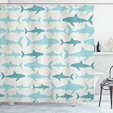 ABAKUHAUS Ozean Duschvorhang, Schwimmen Sharks in Sea, Stoffliches Gewebe Badezimmerdekorationsset mit Haken, 175 x 200 cm, Teal Turquoise Beige