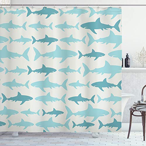 ABAKUHAUS Ozean Duschvorhang, Schwimmen Sharks in Sea, Stoffliches Gewebe Badezimmerdekorationsset mit Haken, 175 x 200 cm, Teal Turquoise Beige