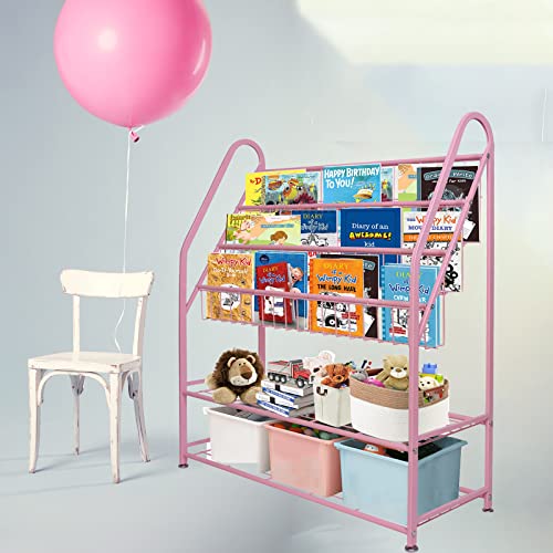 Image of aboxoo Metal Kids Bookshelf Pink Bookcase Freestanding for Children Girls Room 32 inches Large Toddler Pink Stable Bookcase Bookstore Library Book Unit Storage