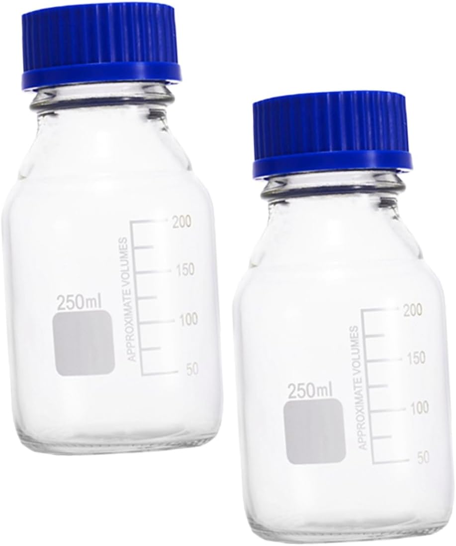 Zerodeko 2pcs Wide Mouth Glass Sample Bottles 250ml Sealing Chemical Storage Vials Blue Caps for Laboratory Use and Liquid Storage