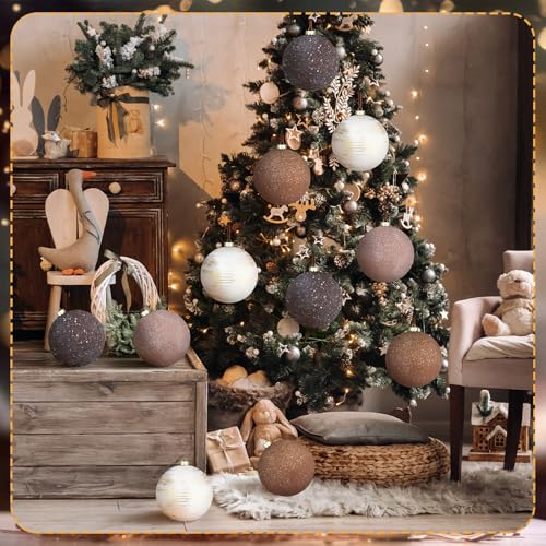 Tigeen 4 Pcs 6 Large Neutral Christmas Ball Ornaments Extra Large Velvet Vintage Rustic Brown Hanging Ornaments 150mm Glitter Earth Tone Winter Balls for Farmhouse Xmas Tree Home Decor(Vintage Style) by Tigeen - Image 6