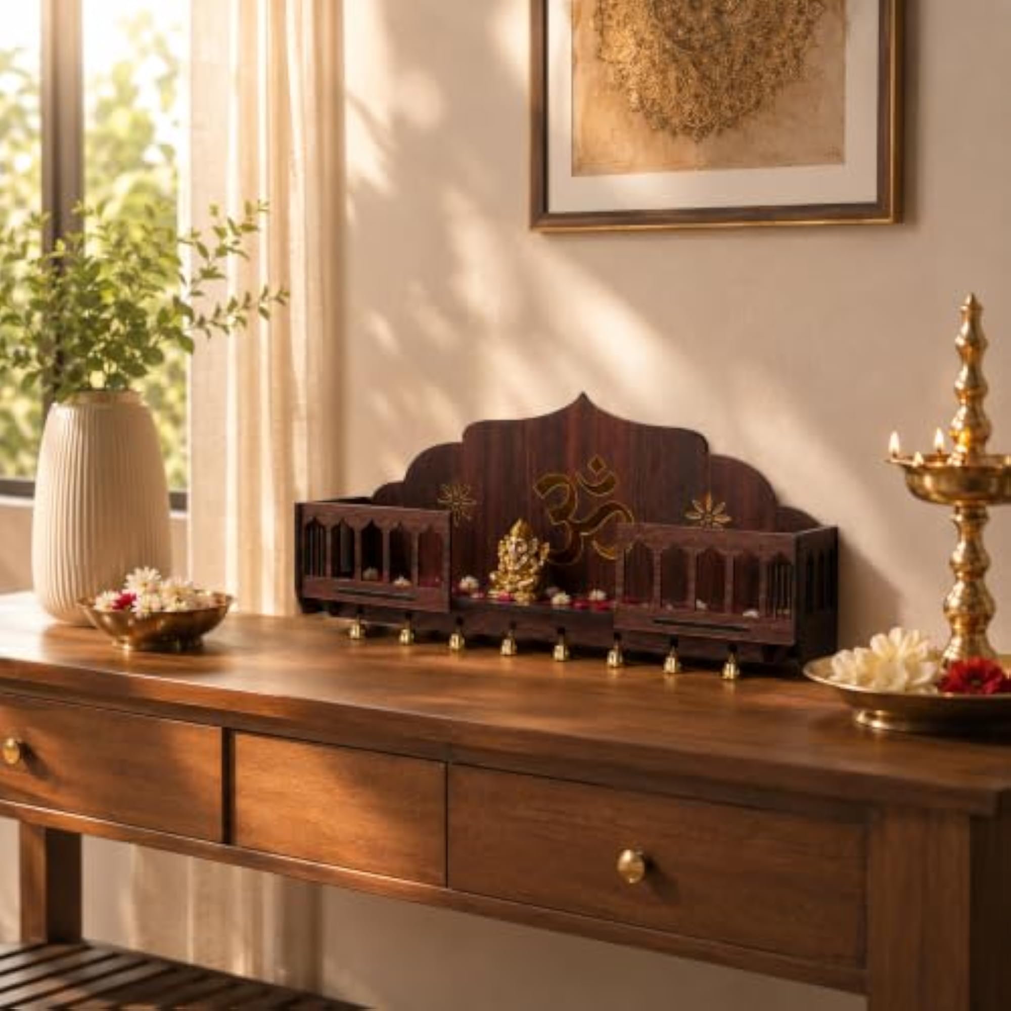 Traditional Balcony Style Wooden Mandir Wall Mounted Pooja Mandir