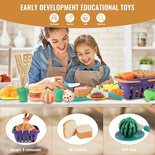 Elitoky 49Pcs Cutting Play Food Toy For Kids Kitchen, Pretend Fruit & Vegetables Accessories With Shopping Storage Basket, Plastic Food Dishes Toy, Best Educational Gift For Toddlers Boys Girls #TOP2