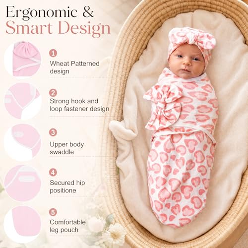 Image of Ramede 6-Pack Preemie Baby Swaddle Blankets with Hats, Breathable 100% Cotton Baby Swaddles, Suitable for Preemie Babies and Newborns, Soft Cotton, Adjustable(Bow,Soft Pink)