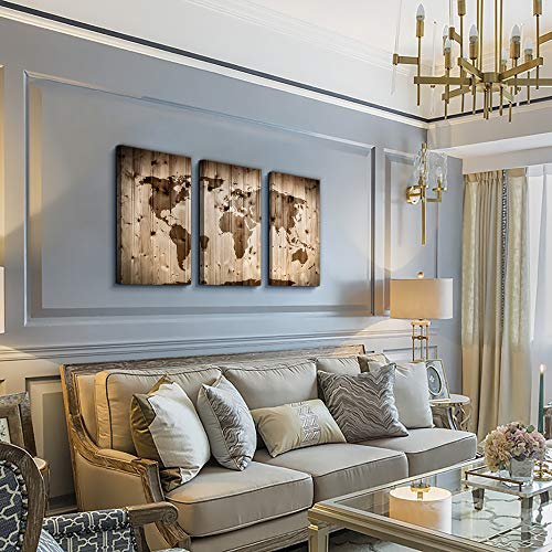 Canvas Prints Wall Decor For Living Room Office Wall Art 3 Pieces Vintage World Map Poster Printed Wood Grain Color Map Watercolor Printing Framed Hotel Ready To Hang Home Decoration Bedroom Artwork #TOP1