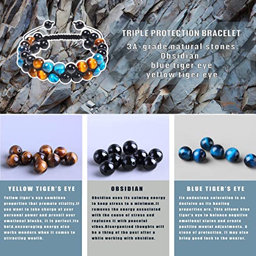 Oaheras Beaded Bracelets For Men And Women Triple Protection Spiritual Healing Natural Yellow Blue Tiger Eye And Black Obsidian 8Mm Stone Bead Energy Crystal Bracelet - Bring Good Luck And Happiness #TOP3