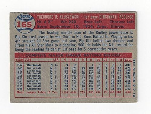 Vintage Ted Kluszewski Collectible Baseball Card - 1957 Topps Baseball Card #165 (Cincinnati Red Legs) Free Shipping with Insurance