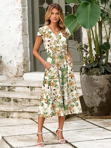 Image of BerryGo Women's Floral Boho Ruffle Summer Midi Dress Short Sleeve V Neck Empire Waist Swing Flowy Dress