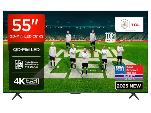 TCL 55C61KS QLED Mini LED Fernseher 55 Zoll, 4K HDR Premium, Dolby Vision & Atmos, Onkyo 2.1 Sound, Smart TV mit Google TV, Game Master, HDMI 2.1, AirPlay 2, Google Assistant & Alexa