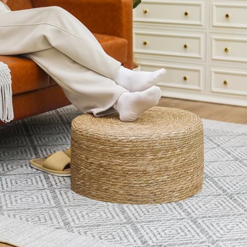Adeco 20\" Patio Pouf Ottoman, Foot Stool Hand Woven Straw Rattan Indoor Outdoor Footstool, Boho Round Poufs Footrest Floor Chair Decorative Seat for Living Room, Bedroom, Porch(Brown) - Thumbnail 5