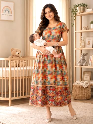 Image of RITIJYA Zipless Feeding Kurta Dress for Women | Maternity Nursing Kurti, No-Zip Easy Access | Extra Pleats Pre to Post Pregnancy | Quick-Dry Fabric | S-4XL