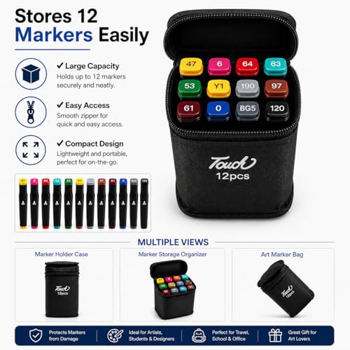 Image of Dual Tip Colorful Art Markers Sketch Pens Colors With Carrying Case For Painting Sketching Calligraphy Drawing -Twin Head Permanent Colouring Marker Pens (Pack OF 1) (Marker Black 12)