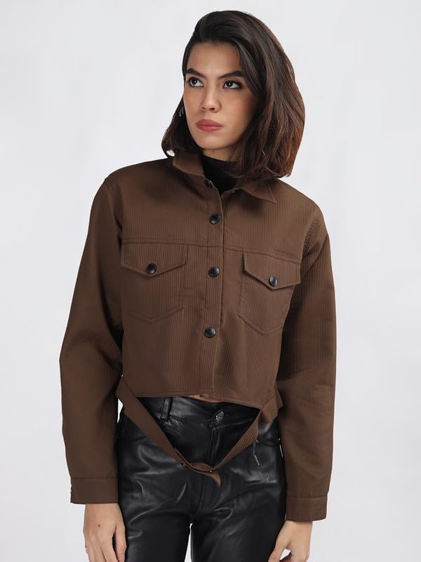 Image of CHKOKKO Solid Crop Jackets for Women stylish latest Long Sleeve Stylish Winter Shirt Jacket Casual Outerwear for Office