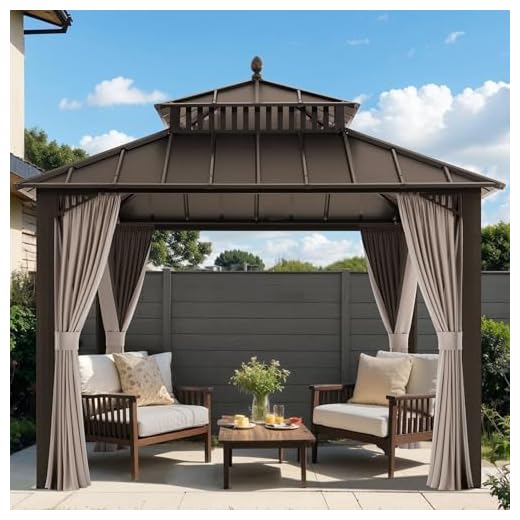 SUNJOY Kingston 10' x 10' Hardtop Gazebo with Galvanized Steel Double Roof, Curtain and Netting, Brown Aluminum Posts Permanent Pavilion Gazebo for Garden, Patio, Deck, Lawn