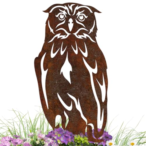 Gartenstecker Eule aus Metall – Rostfigur 30 cm hoch, Gesamthöhe 45...
