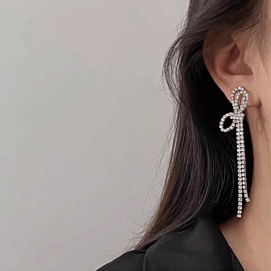 Long Rhinestone Bow Tassel Earrings for Women Sparkling Crystal Ribbon Bowknot Linear Dangle Earrings Minimalist Bow Dangling Earrings Prom Jewelry - Image 5