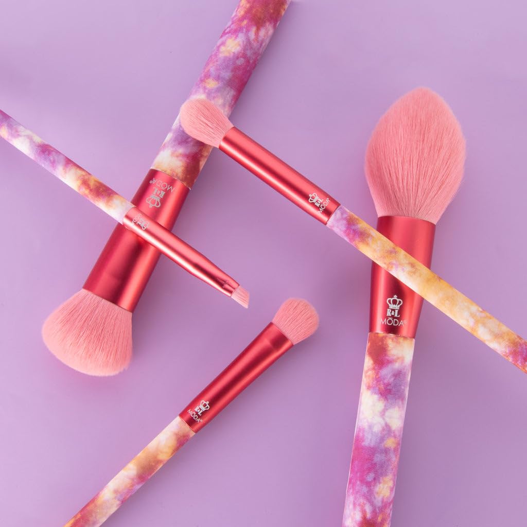 MODA Tie Dye, 5pc Full Face Makeup Brush Set, Includes - Blush, Complexion, Shadow, Crease, & Liner Brushes, Calming Coral