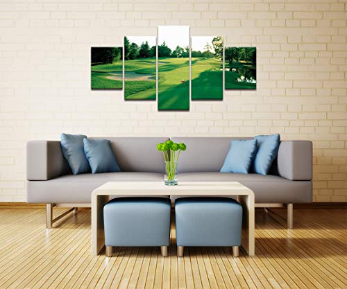 Wall Picture For Living Room Golf Course Canvas Prints Green Grass Field Sunshine Painting Home Decor Modern Landscape Pictures 5 Piece Gallery-Wrapped Framed Stretched Ready To Hang(60''Wx32''H) #TOP3
