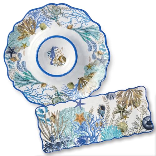 Blue Lagoon Lot de 2 apéritifs en mélamine – Coastal Blues & Coral White Chip & Dip Plateau (36,8 cm) et plateau de service rectangulaire (48,3 x 20,3 cm), parfait pour le divertissement et les fêtes