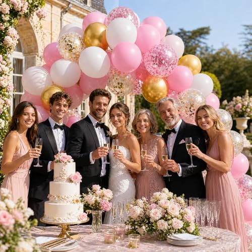 Image of Balloons Pink Gold Confetti, 60 Packs 12 Inch Pink White Metallic Gold Balloon for Girls Birthday Wedding Bridal Baby Shower Princess Party Decorations