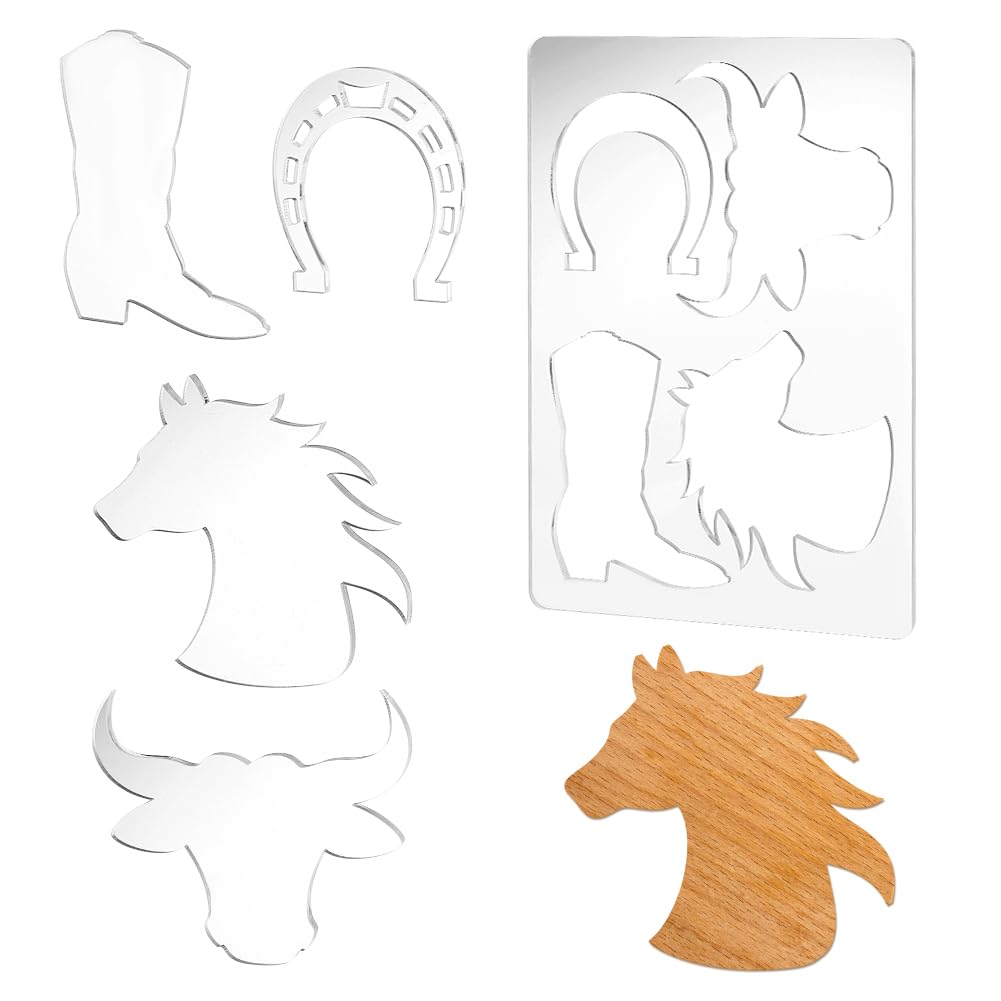PH PandaHall Router Template for Woodworking Western Cowboy Series Boots Horseshoe Bull Horse Head Template Clear Acrylic Inlay Templates Router Stencils for Wooden Projects Handmade Crafts Making