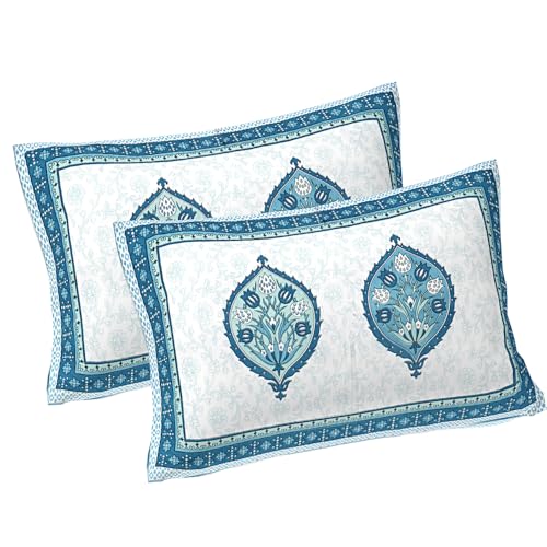 Image of Living Roots Jaipuri Hand Block Print Double Cotton Bedsheet & 2 Pillow Covers, for Mattress Upto 8 inches Thick, No Colour Bleeding, Blue Colour, Super King Size 96 * 104 inches, 150TC (578-C)