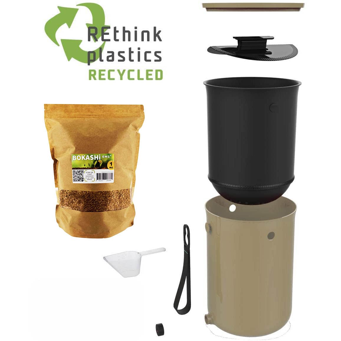 Bokashi Organko 2 Cappucino (9,6L) | Composteur Organique avec compacteur + 1 kg d'Activateur EM-1 de Fermentation fabriqué en France