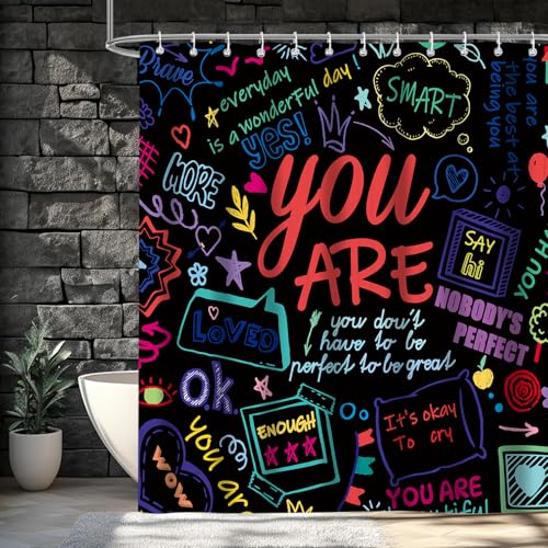 Image of iTapnoom Funny Kids Inspirational Quotes Shower Curtain, Colorful Positive Words Black Graffiti Artwork Unisex Bathroom Decor Set, Waterproof Polyester Fabric Bath Curtain with Hooks 72x72 Inch