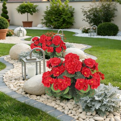 Image of Bassion Artificial Flowers for Outdoors, 6 Pcs Red Fake Geraniums