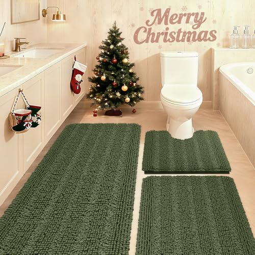 ACCUMTEK Christmas Striped Oliver Green Bathroom Rug Set 3 Pieces