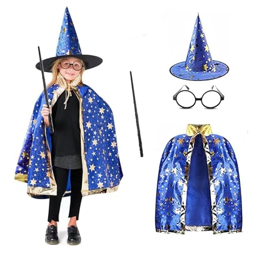 Costumes d'halloween Sorcière Cape avec Chapeau Assistant Cape et Chapeau Costume pour Enfant Garçons Filles (Bleu)