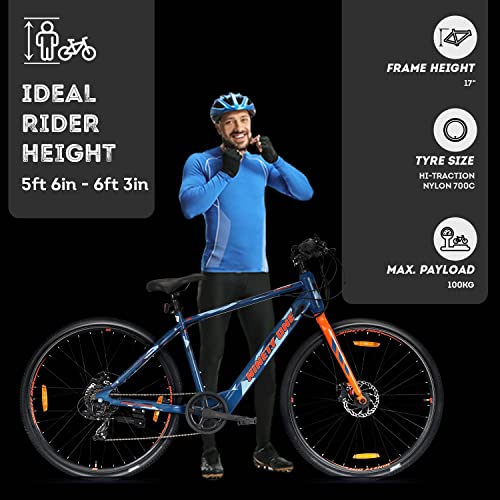 Image of NINETY ONE Enigma R7 Hybrid 7 Speed Camouflage Blue Electric Cycle (Wheel 700c, Frame : 18 Inch, Ideal for Men), Rigid