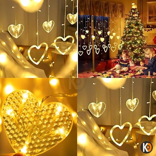 Image of K D 6 +6 Heart Warm Yellow 138 LEDs Curtain LED String Lights (3.5 ft Length + 0.5 FT Length After Adapter = 4ft) with 8 Modes Indoor Outdoor for Home, Diwali, Navratri (Heart 6+6 Warm Yellow)