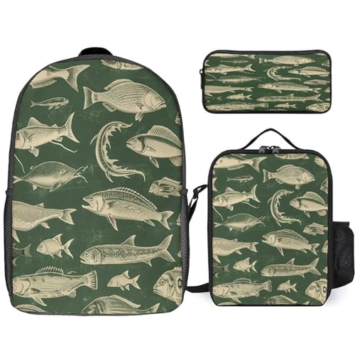Retro Fish 3pcs Lightweight Travel Backpack Printed Backpack With Lunch Pack Storage Box Case